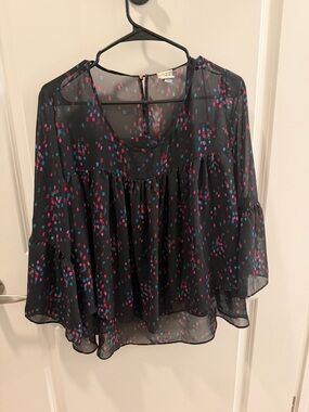 a new day Black Sheer Dot Print Ruffle Blouse